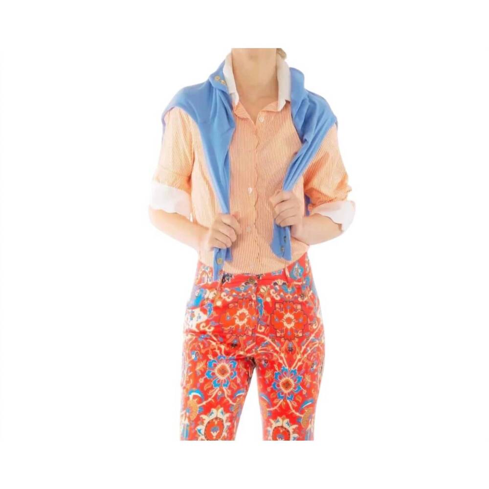 NEW GRETCHEN SCOTT pique all day pinstripe shirt in orange/white